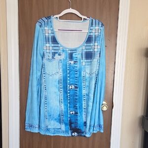 Blue Plaid Denim Print Women's Tunic